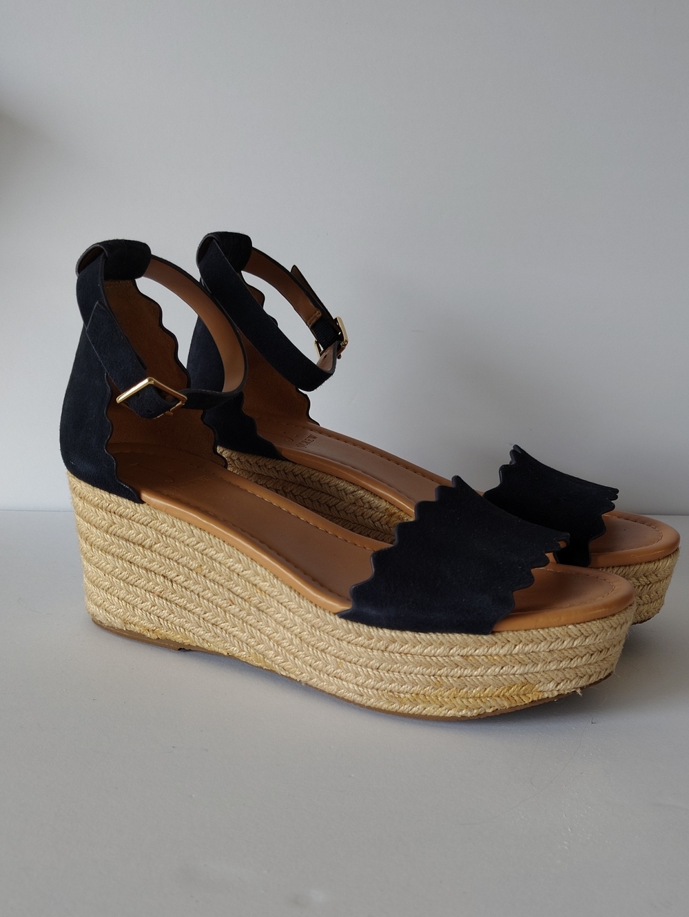 J. Crew Navy Scalloped Suede Wedge Espadrille Sandals